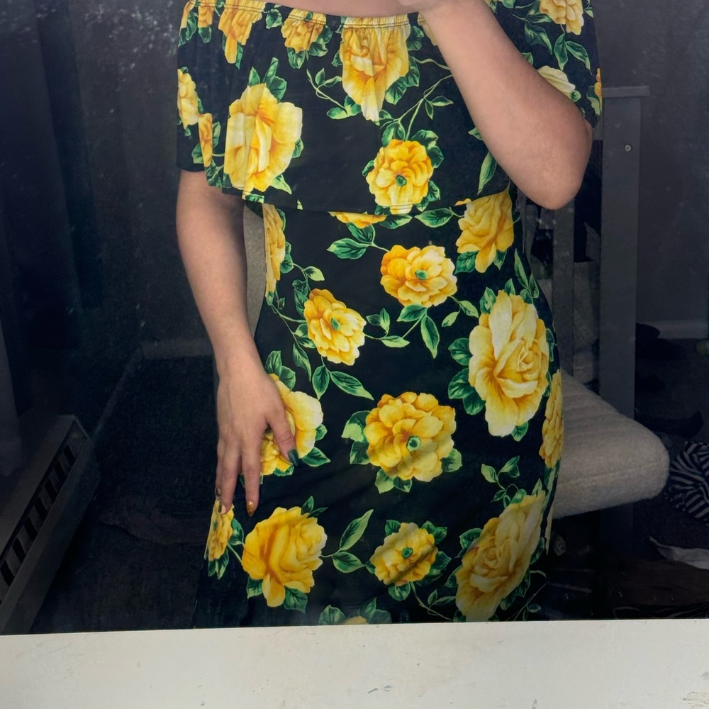 Floral Off-Shoulder Dress in Black and Yellow